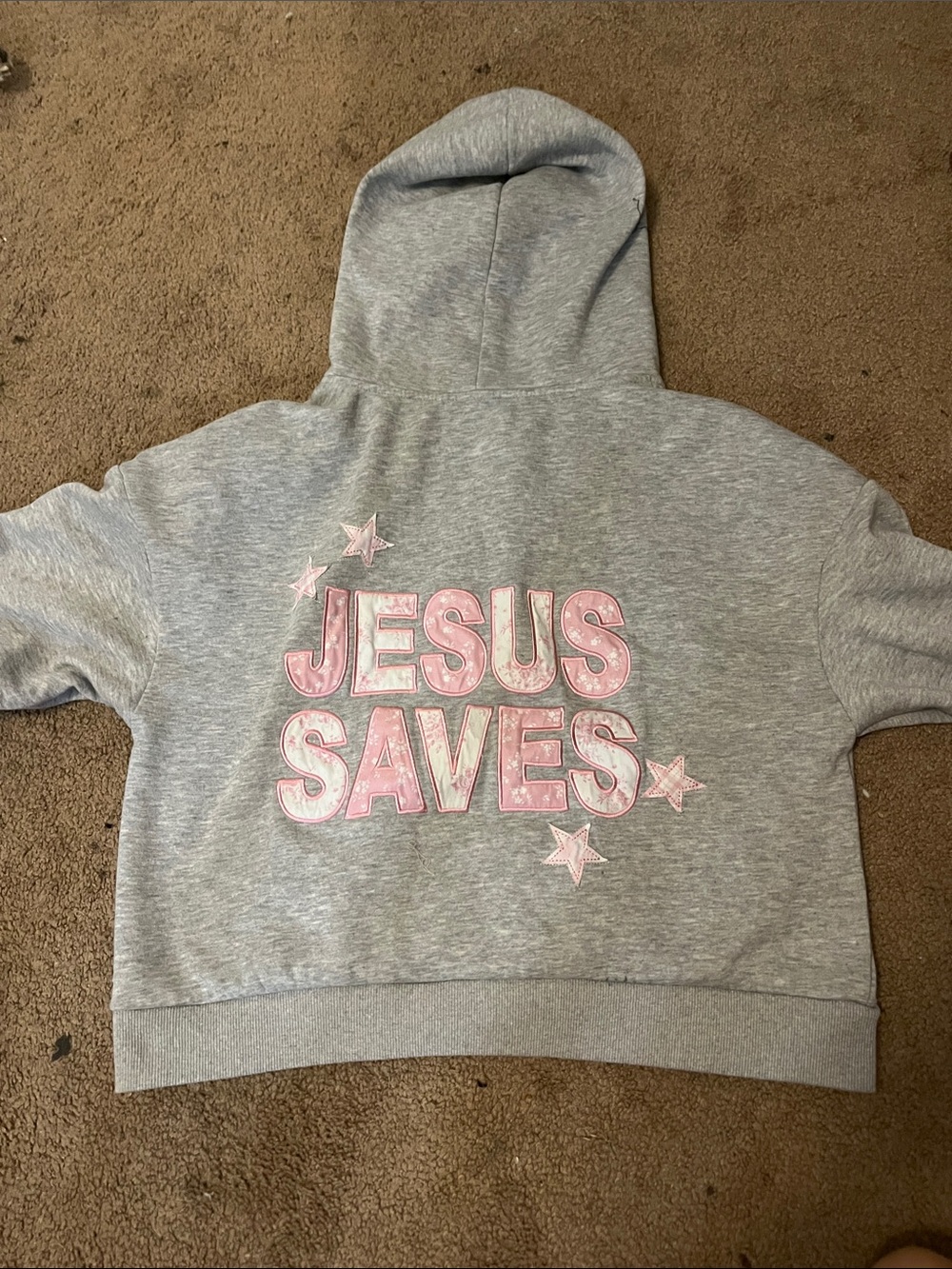 Womens Gray Zip-Up Hoodie with Pink Star Appliqués and embroidery “Jesus saves” - Picture 1 of 4